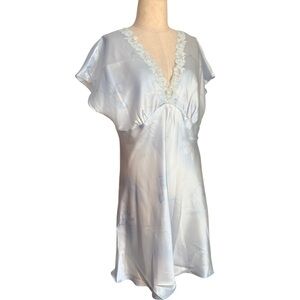 Vtg Jones New York Satin Nightgown Slip Dress L Chemise Midi Coquette Fem Blue